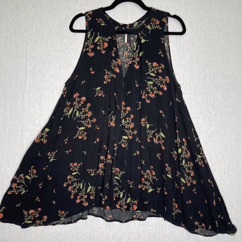 Free People black floral print tunic dress side seam pockets casual loose fit - Picture 3 of 13